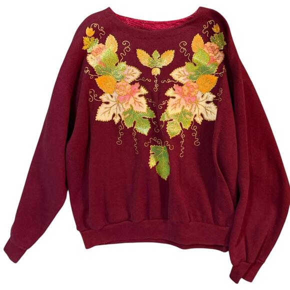 Vintage Burgundy Floral Leaf Embroidered Sweatshirt – Size XL - Picture 1 of 4
